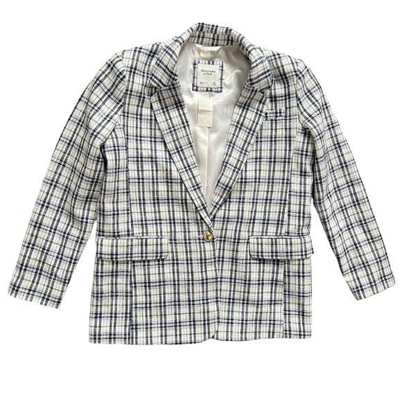 NWT Abercrombie & Fitch Tweed Plaid White Blue Blazer Jacket Women's size Medium - Picture 1 of 10